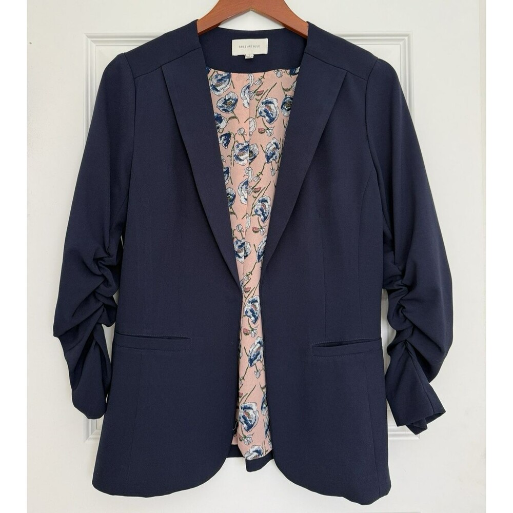 Skies Are Blue Navy Blue Open Front Ruched Sleeve Blazer Jacket Top S Career